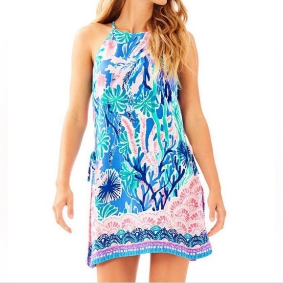 Lilly Pulitzer Pearl Romper In Jet Stream Print Pink Blue Green White - 0 - Picture 4 of 15